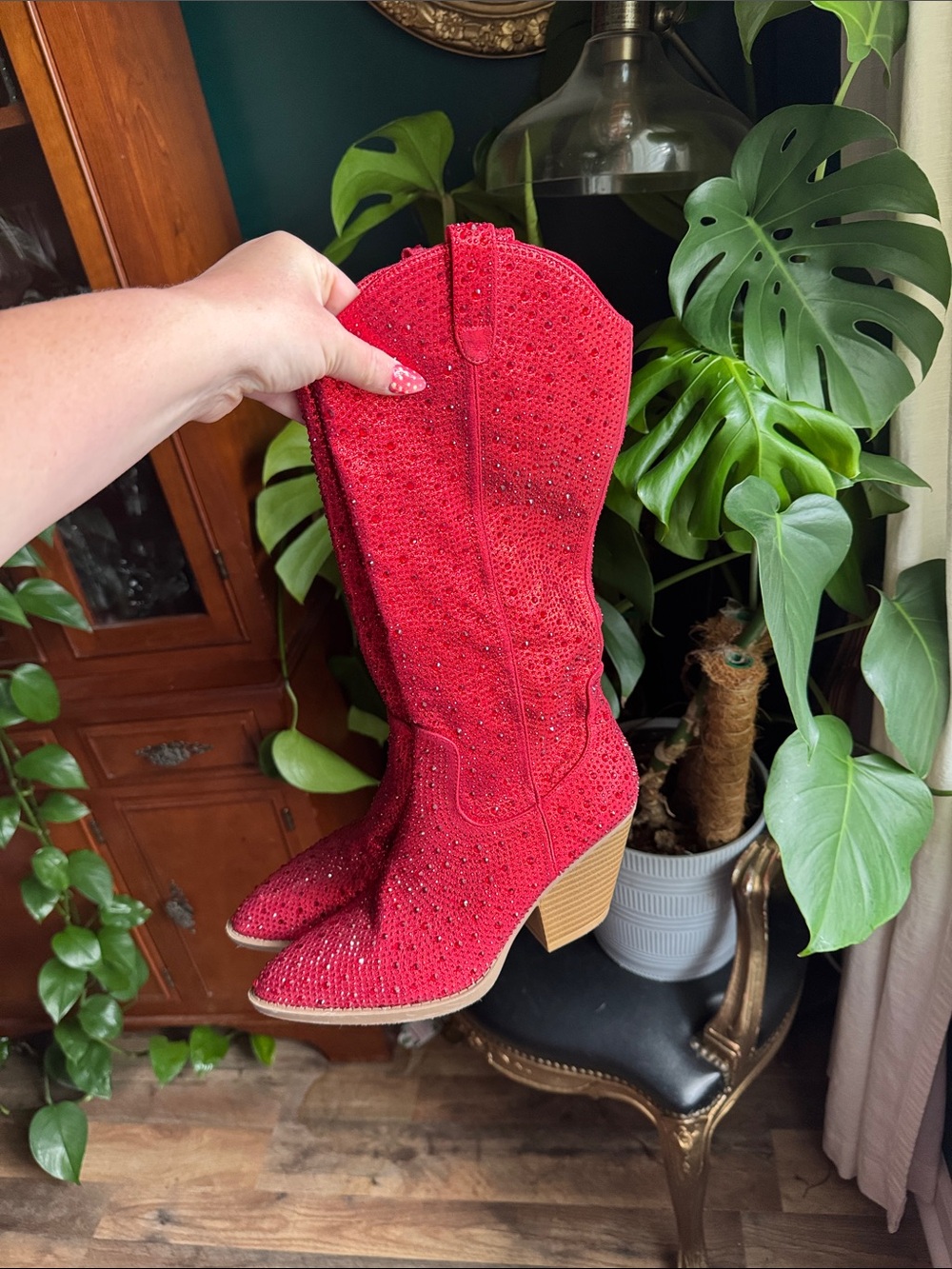 Red Sparkle Western Mid-Calf Boots for Women